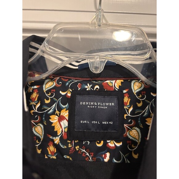 New Denim & Flower Dress Shirt Mens Size Large Navy Blue Button Down Doby - Picture 2 of 6